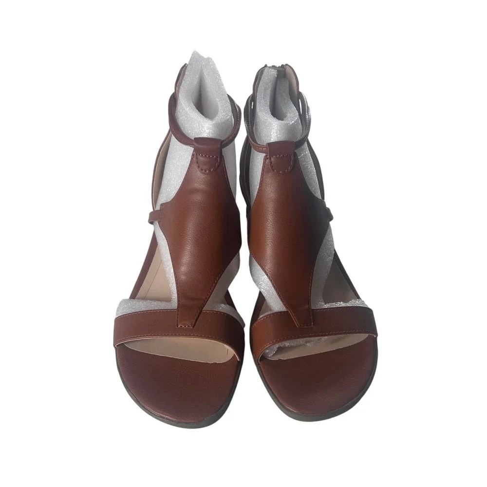 Journee Collection Trayle Tan Vegan Leather Wedge Sandals Women Size 10M Zip NEW